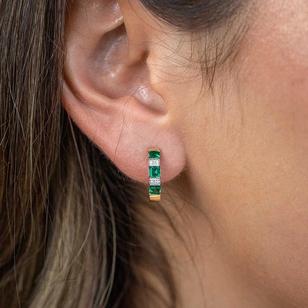 9ct Created Emerald and Diamond Huggies - Image 2