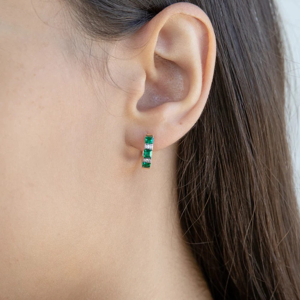 9ct Created Emerald and Diamond Huggies - Image 3