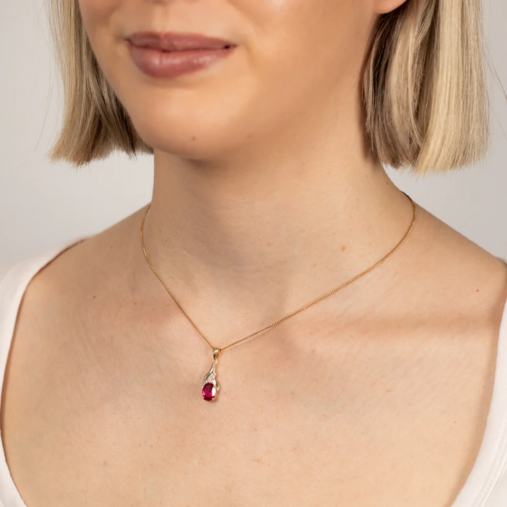 9ct Delightful Yellow Gold Created Ruby 8x6mm + Diamond Pendant - Image 2