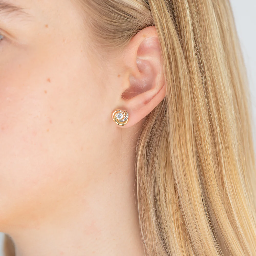 9ct Gold 3 Tone 4mm Cubic Zirconia Knot Stud Earrings - Image 2