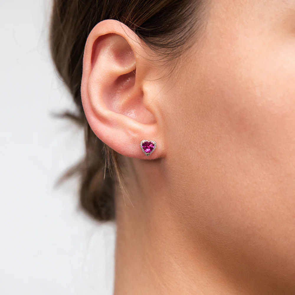 9ct Radiant Yellow Gold Created Ruby + Diamond Stud Earrings - Image 2