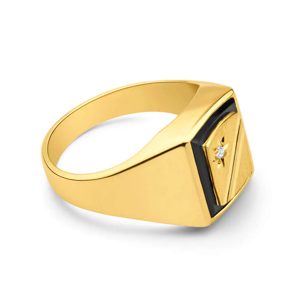 9ct Radiant Yellow Gold Diamond + Onyx Ring - Image 2