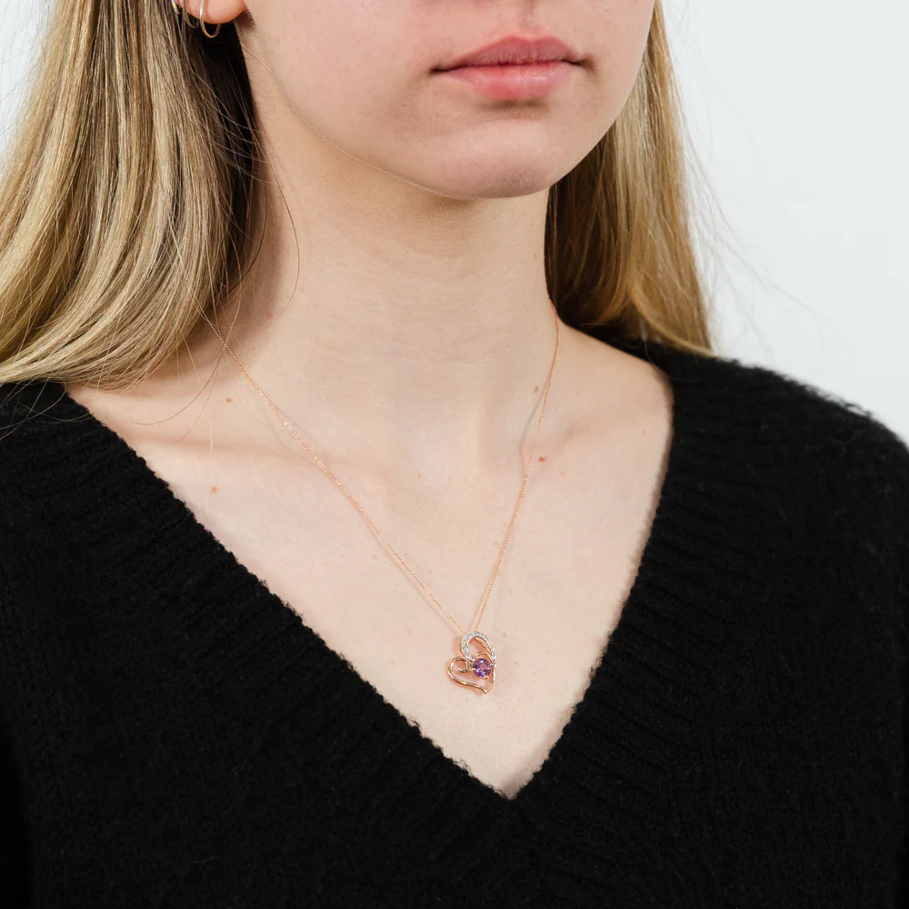 9ct Rose Amethyst and Diamond Heart Pendant on 45cm Chain - Image 2