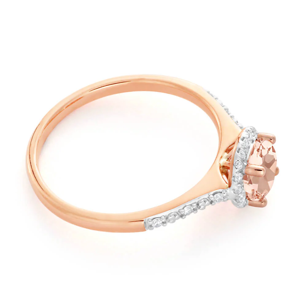 9ct Rose Gold 0.8ct Morganite and 0.10 Carat Diamond Halo Ring - Image 2