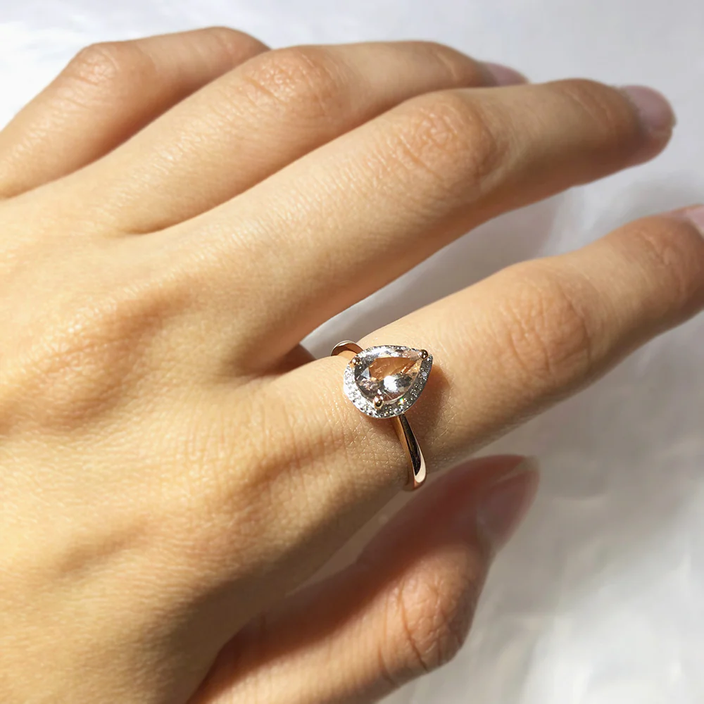 9ct Rose Gold 1.00ct Morganite 8x6mm Pear & Diamond Ring - Image 3