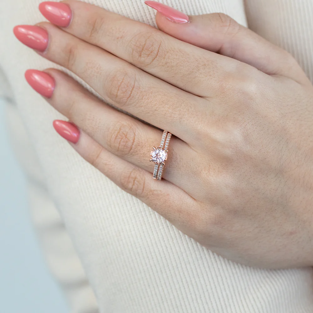 9ct Rose Gold 1.20ct Morganite Round and Diamond 2 Ring Bridal Set - Image 3