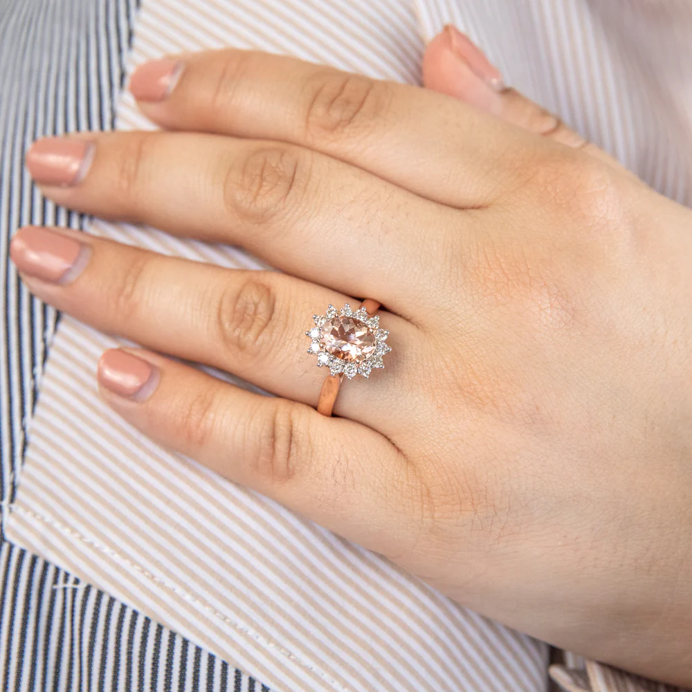 9ct Rose Gold 1.50ct Morganite and 0.50ct Diamond Halo Ring - Image 3