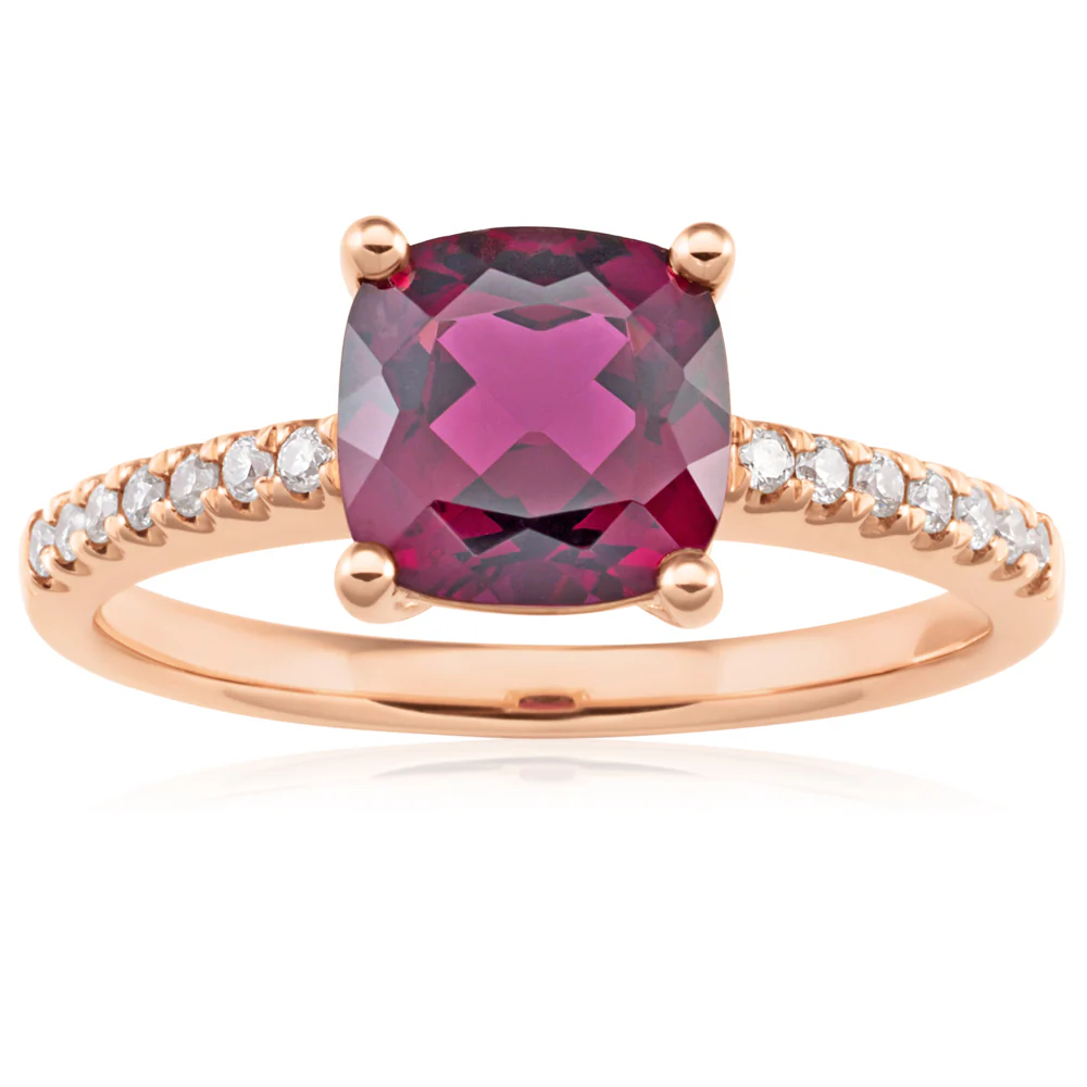9ct Rose Gold 7mm Cushion Cut Rhodolite Garnet Ring with 0.11ct Diamonds - Image 2