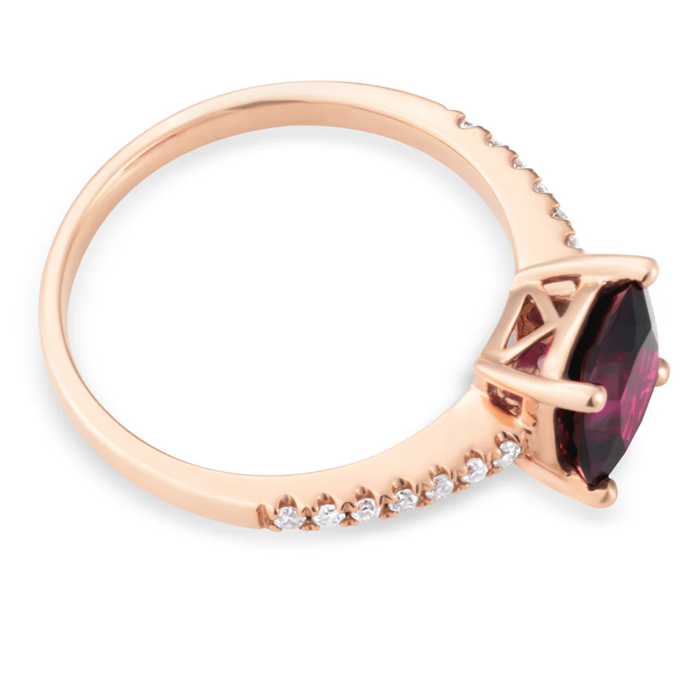 9ct Rose Gold 7mm Cushion Cut Rhodolite Garnet Ring with 0.11ct Diamonds - Image 3