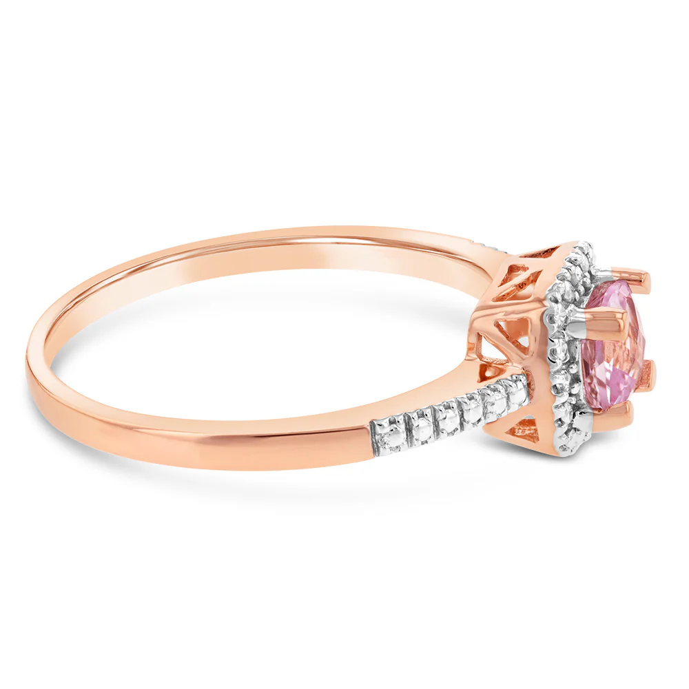 9ct Rose Gold Created Morganite And Diamond Cushion Ring - Image 2