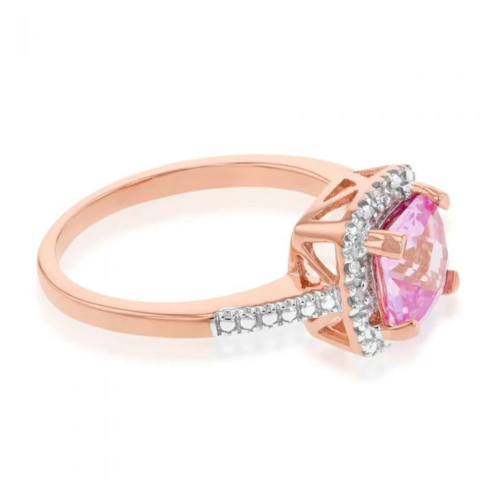 9ct Rose Gold Created Peach Sapphire and Diamond Accented Cushion Cut Ring - Image 2