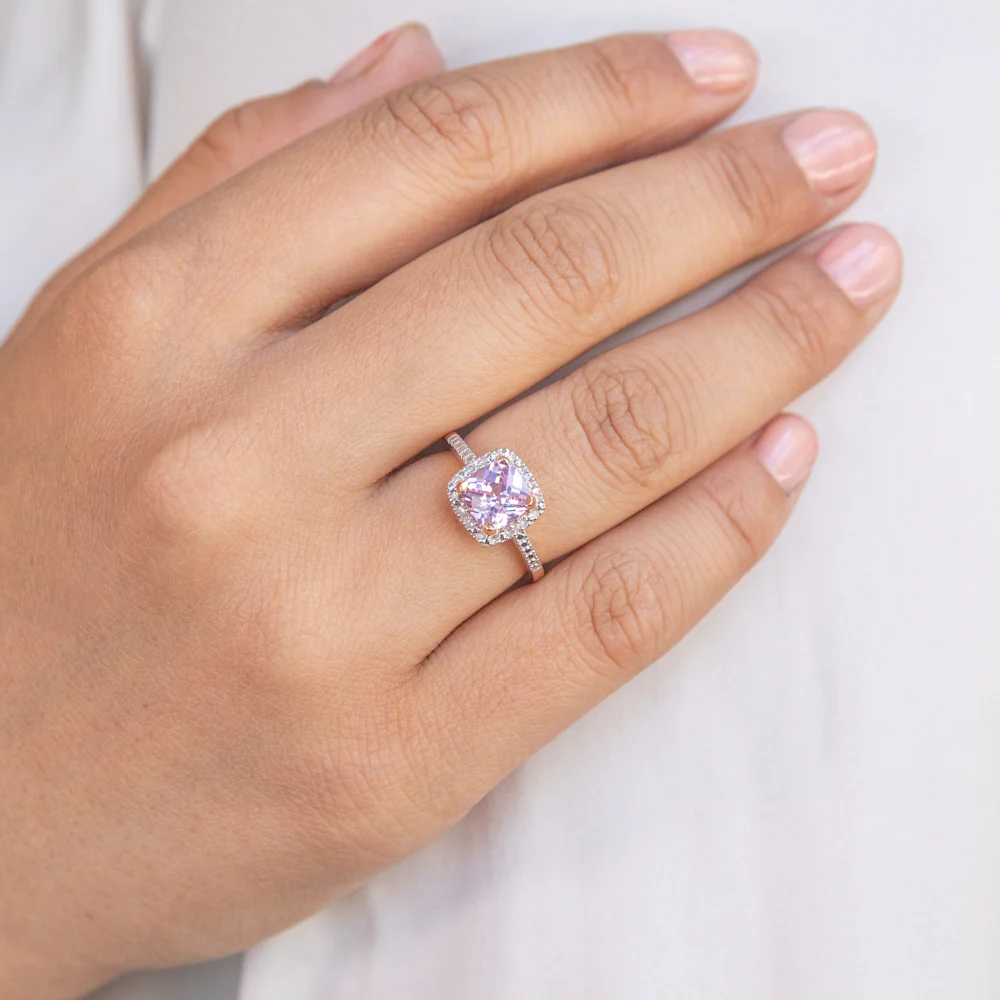 9ct Rose Gold Created Peach Sapphire and Diamond Accented Cushion Cut Ring - Image 3