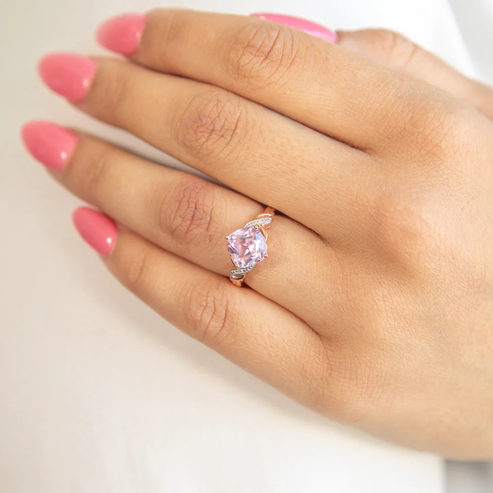 9ct Rose Gold Created Peach Sapphire and Diamond Cushion Cut  Ring - Image 3