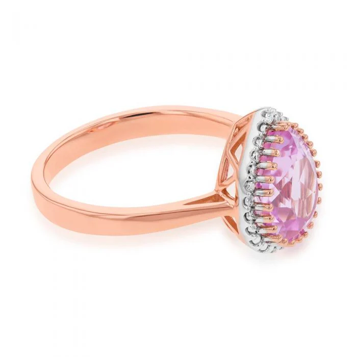 9ct Rose Gold Created Peach Sapphire and Diamond Pear Cut Ring - Image 2