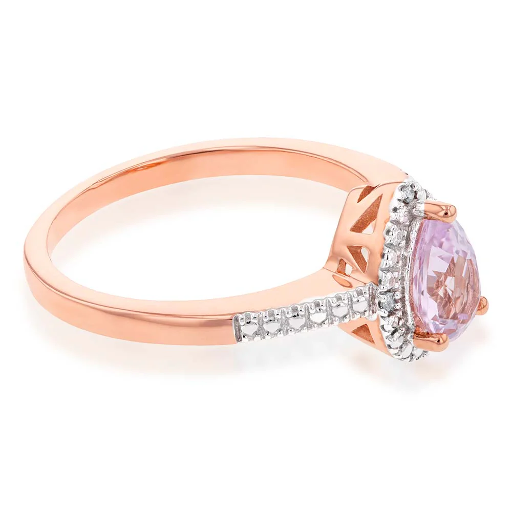 9ct Rose Gold Created Peach Sapphire & Diamond Pear Ring - Image 2