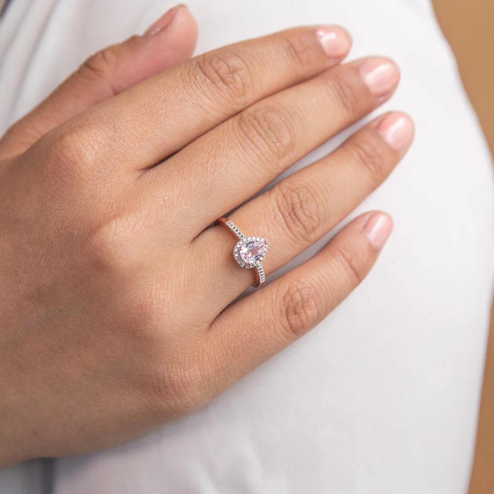 9ct Rose Gold Created Peach Sapphire & Diamond Pear Ring - Image 3