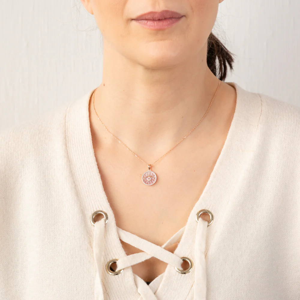 9ct Rose Gold Cubic Zirconia And Mother Of Pearl Evil Eye Pendant On Chain - Image 2