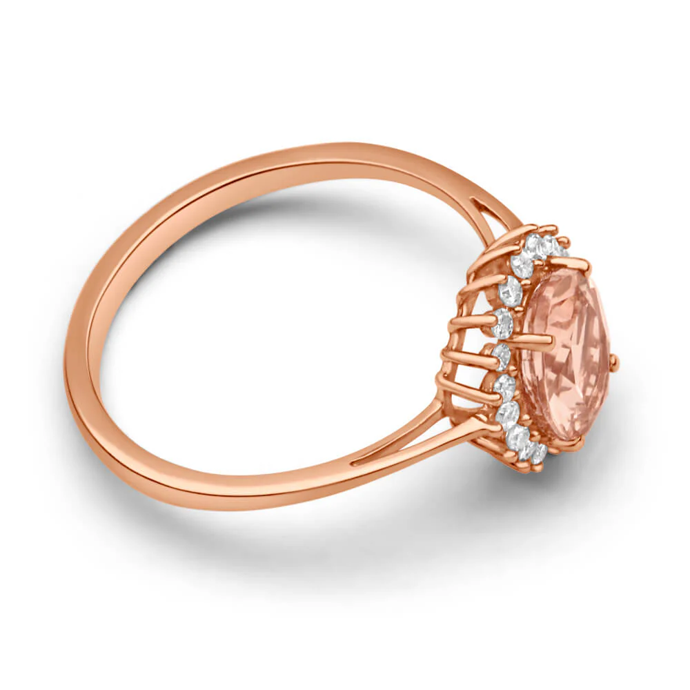 9ct Rose Gold Diamond + 8x6mm Morganite Cluster Ring - Image 2