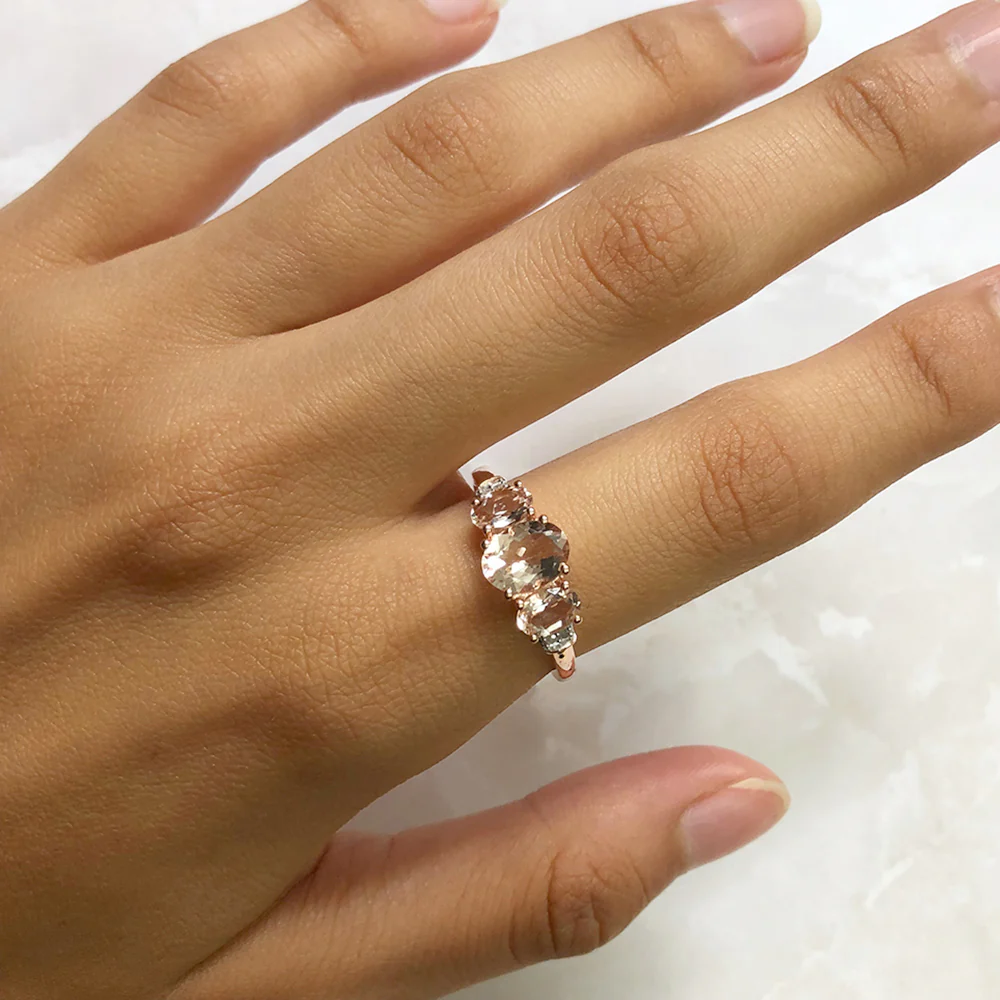 9ct Rose Gold Morganite 1.98CT & Diamond 0.025CT Trilogy Ring - Image 3