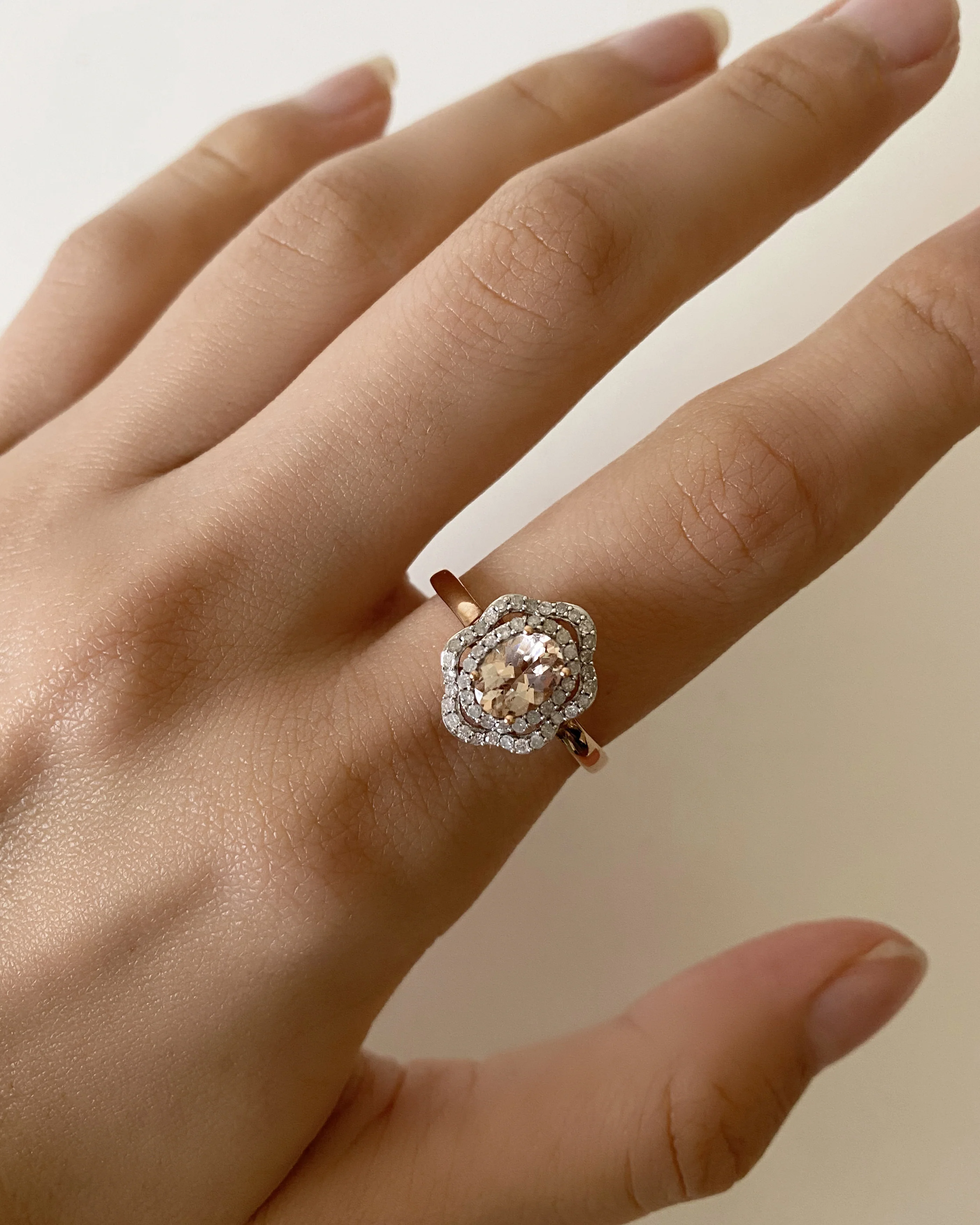 9ct Rose Gold Morganite 7x5mm 0.65 Carats and Diamonds 0.25 Carats Floral Halo Ring - Image 3