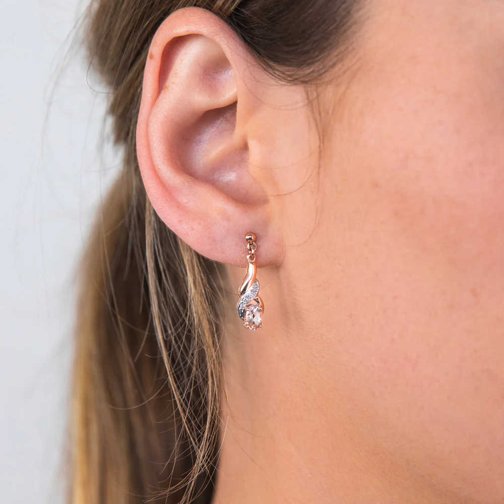 9ct Rose Gold Morganite and Diamond Oval Drop Earrings - Image 2