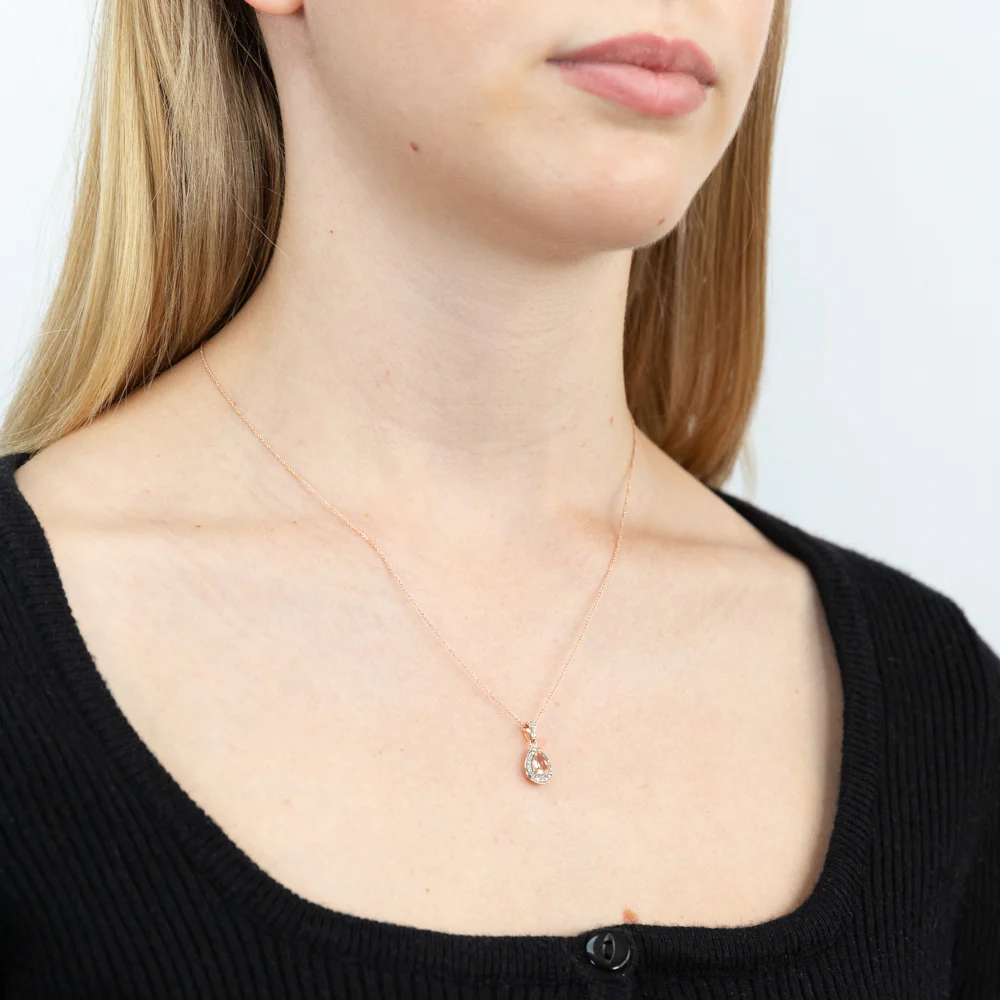 9ct Rose Gold Morganite Pear and 0.15 Carat Diamond Pendant on 45cm Chain - Image 2