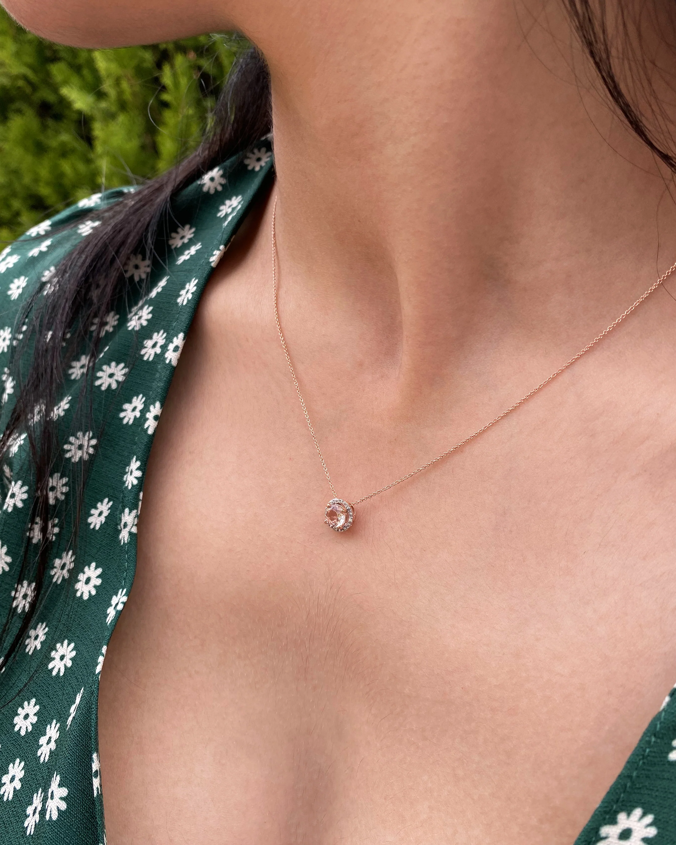 9ct Rose Gold Morganite with Diamond Halo Pendant on 45cm Chain - Image 2
