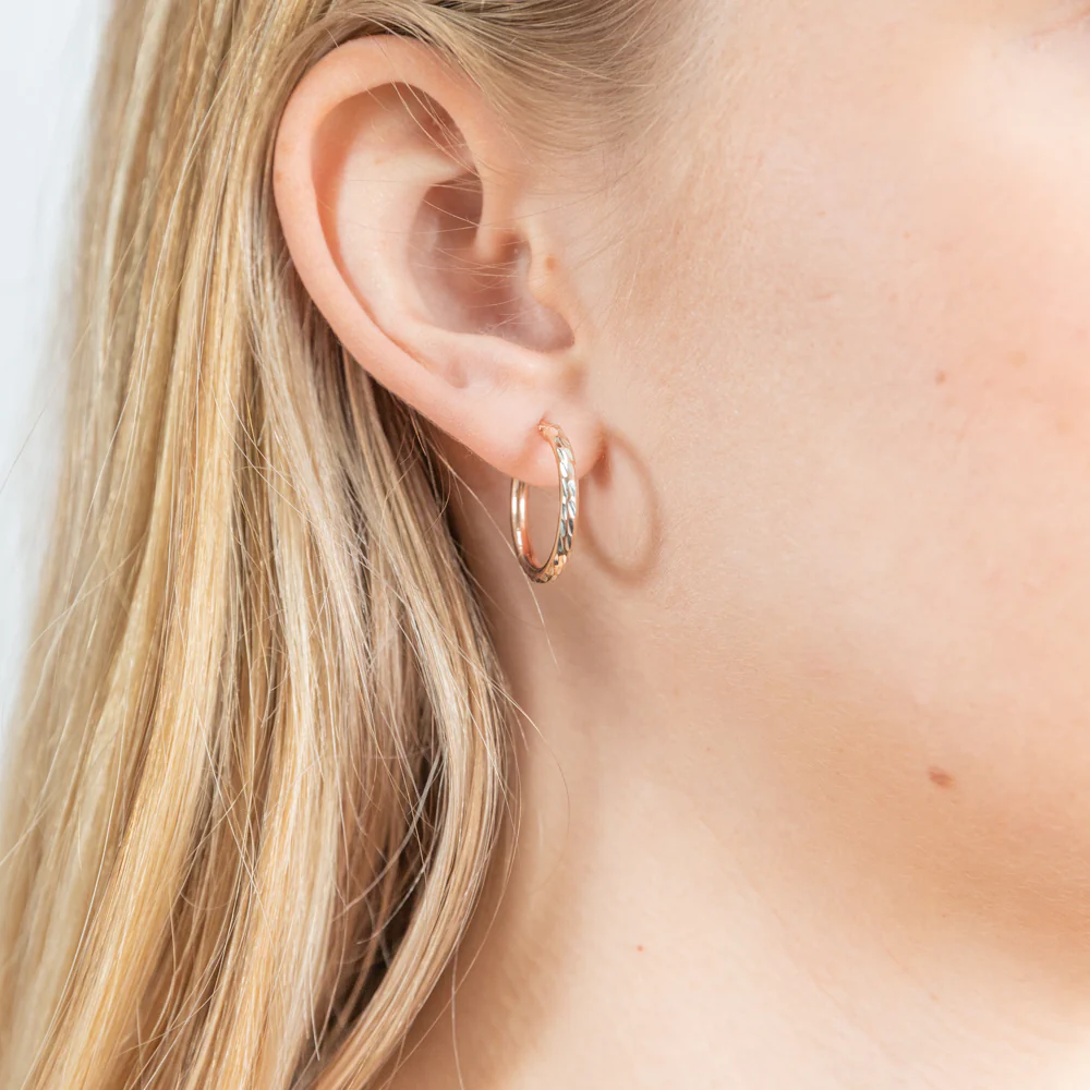 9ct Rose Gold Silver Filled 15mm Diamond Cut Hoop Earrings - Image 2