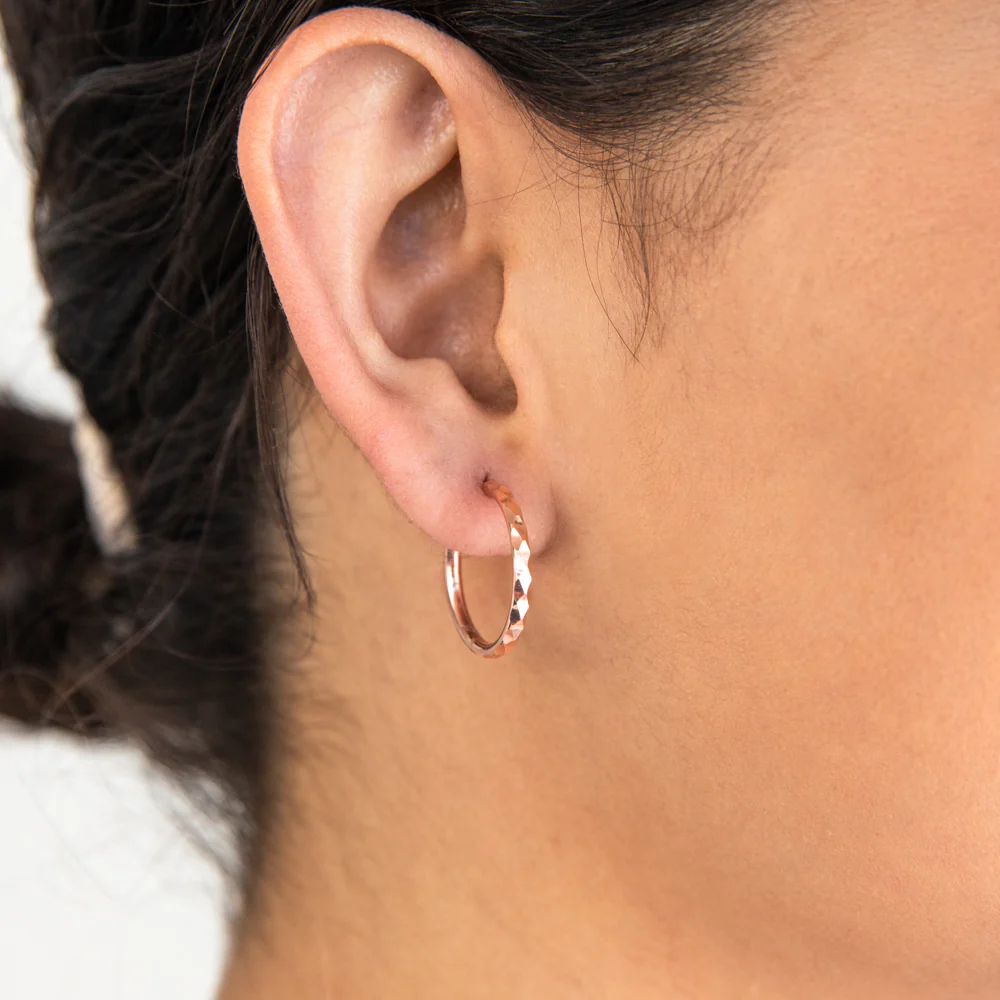 9ct Rose Gold Silver Filled 15mm Diamond Cut Sleeper Earrings - Image 2