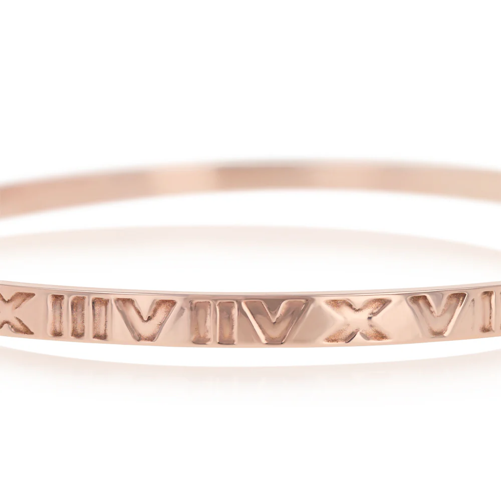 9ct Rose Gold Silver Filled 4mm Wide Roman Numeral 65mm Bangle - Image 2