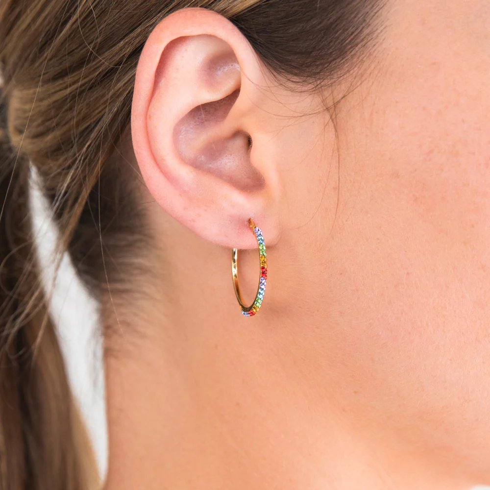 9ct Silverfilled Yellow Gold Rainbow Multi-Colour Crystal Hoop Earrings - Image 3