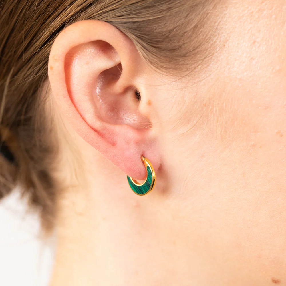 9ct Sterling Silver Gold Plated Fancy Natural Malachite Hoop Earrings - Image 2