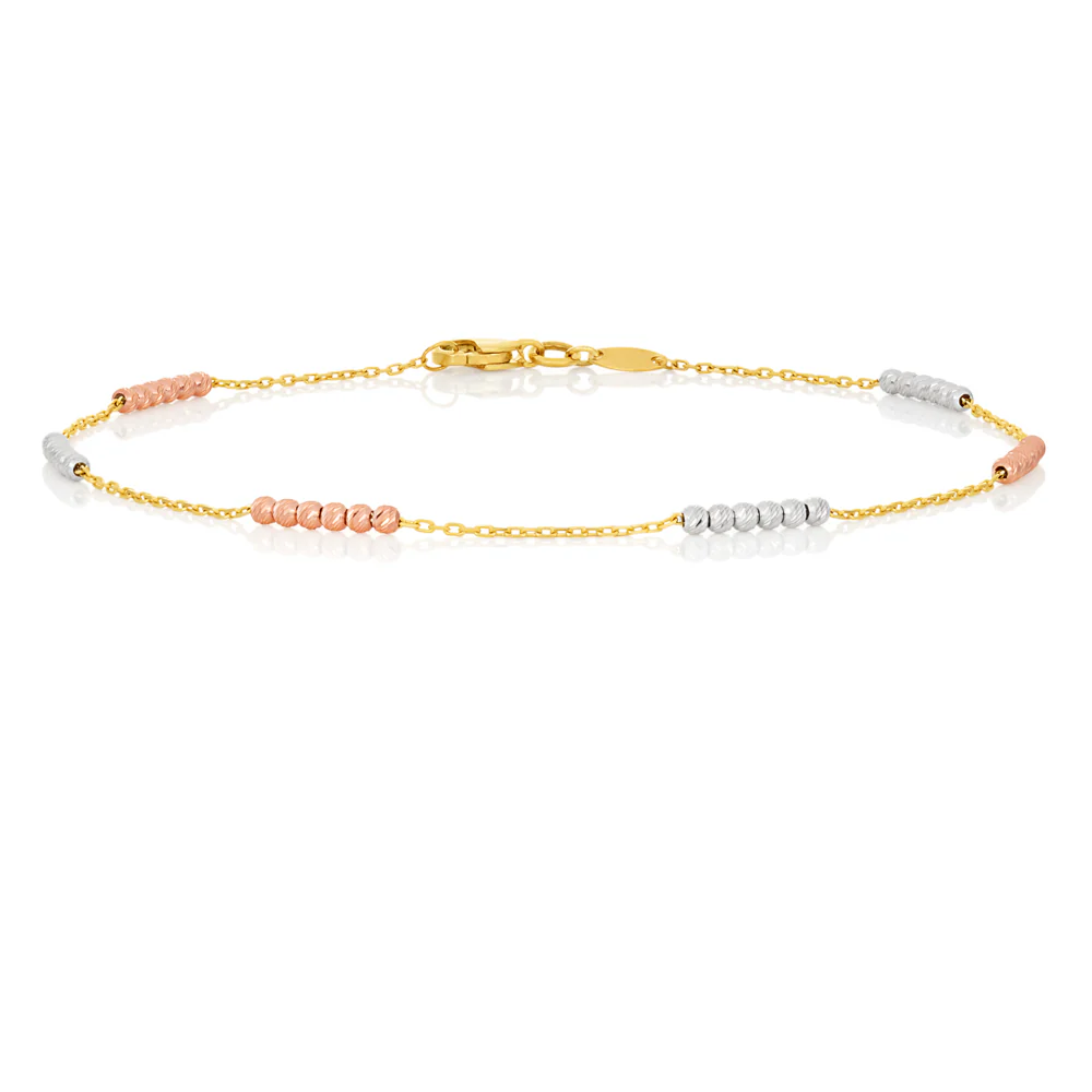 9ct Three Tone Gold Dicut Beaded Anklet - Image 2