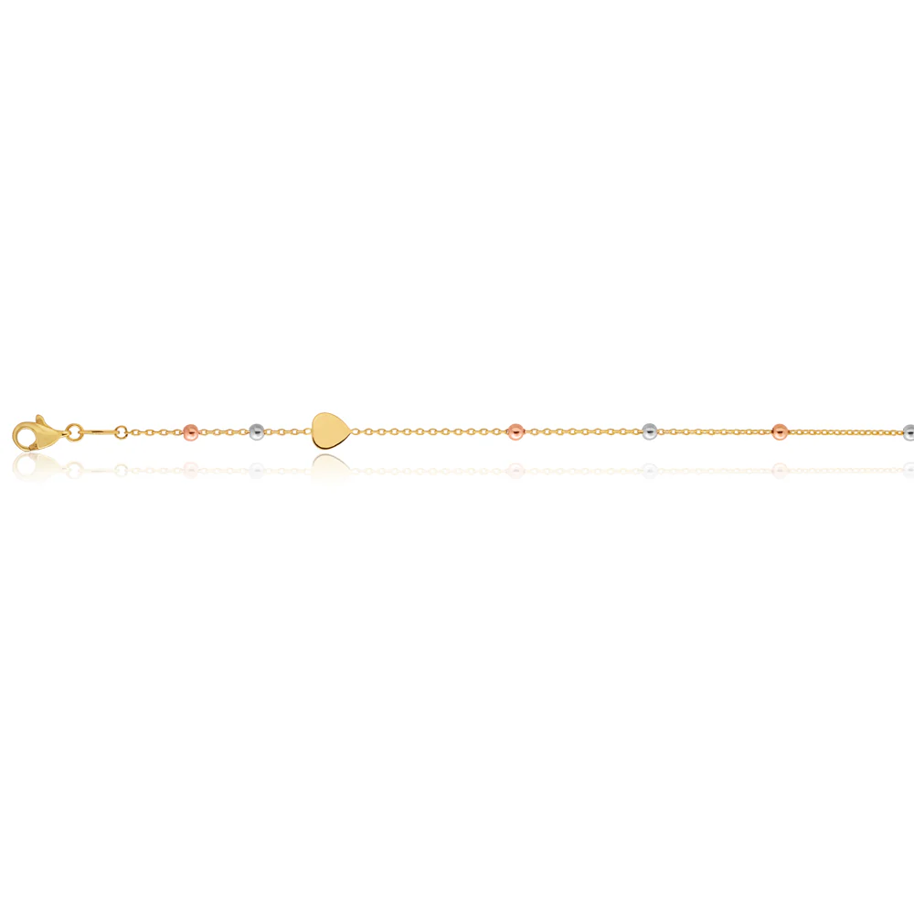 9ct Three-Tone Gold Heart and Bead 27cm Anklet - Image 2