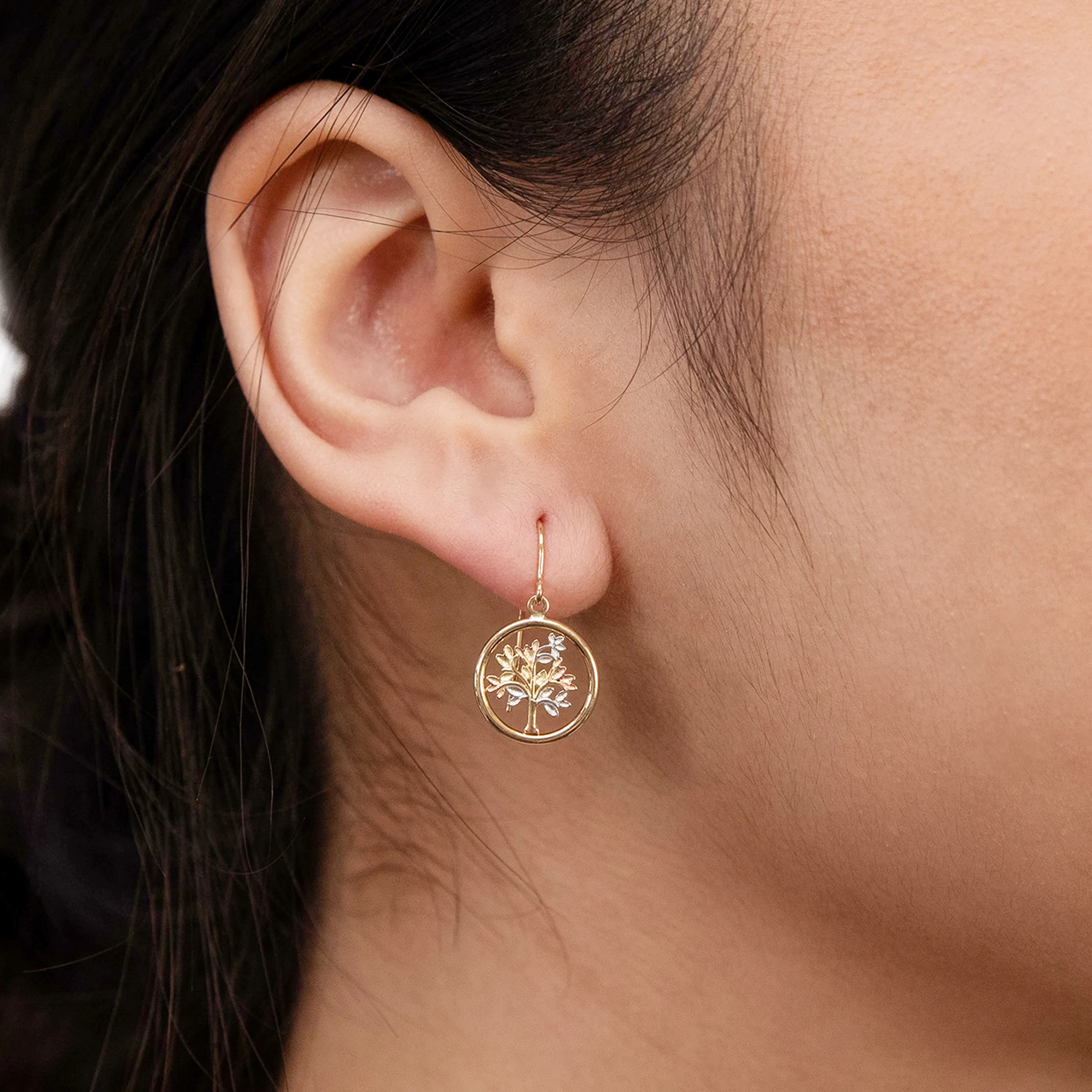 9ct Three Tone Gold, White And Rose Gold Tree Of Life Drop Earrings - Image 2