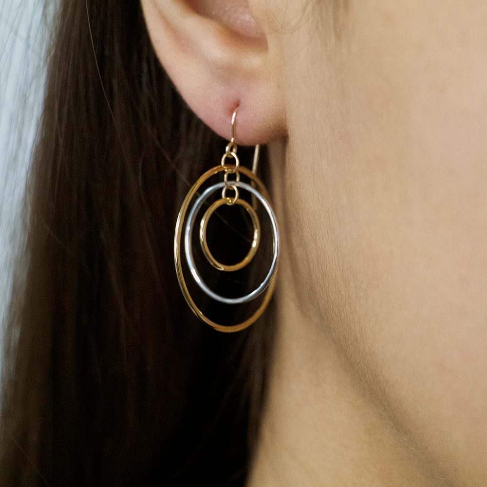 9ct Two-Tone Gold 3x Circle Hook Drop Earrings - Image 2