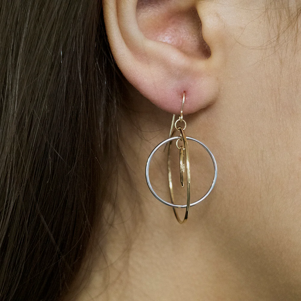 9ct Two-Tone Gold 3x Circle Hook Drop Earrings - Image 3