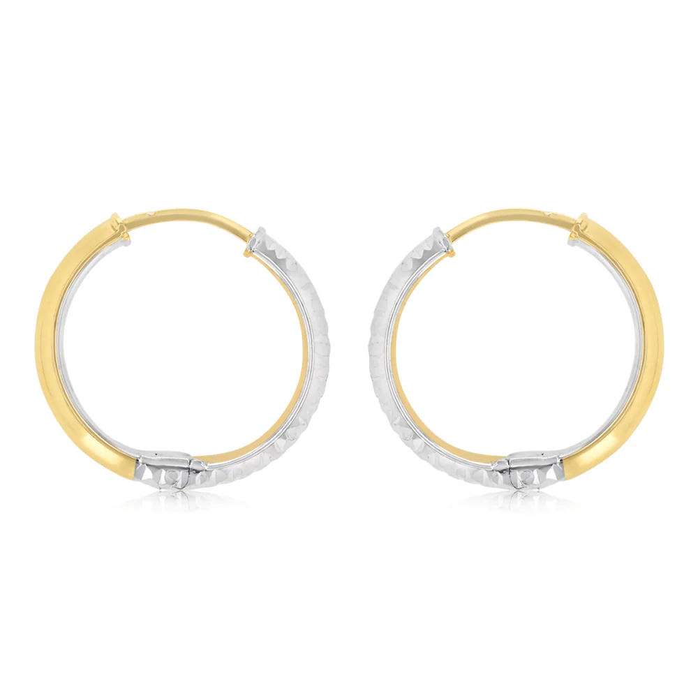 9ct Two Tone Gold Patterned Hoop Earrings - Image 2