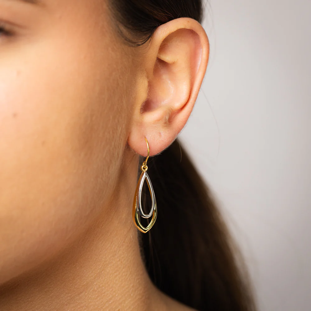 9ct Two Tone Gold Silverfilled Double Teardrop Earrings - Image 2