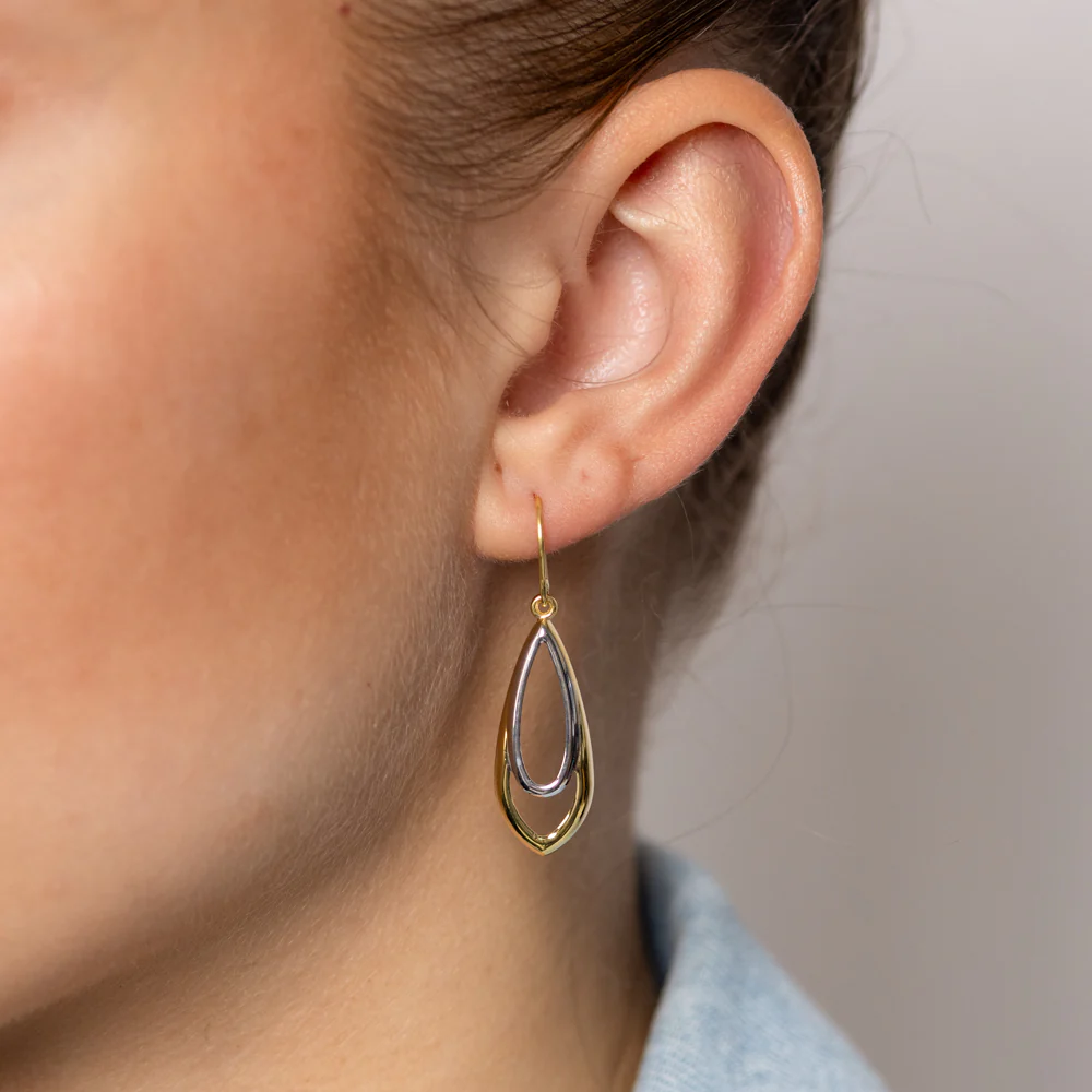 9ct Two Tone Gold Silverfilled Double Teardrop Earrings - Image 3