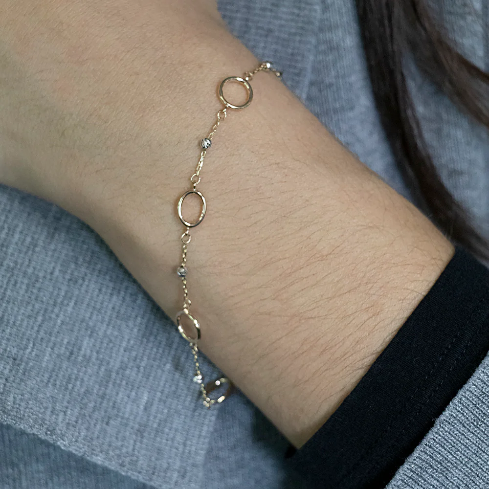 9ct Two-Tone Open Rings and Beads 19cm Bracelet - Image 3
