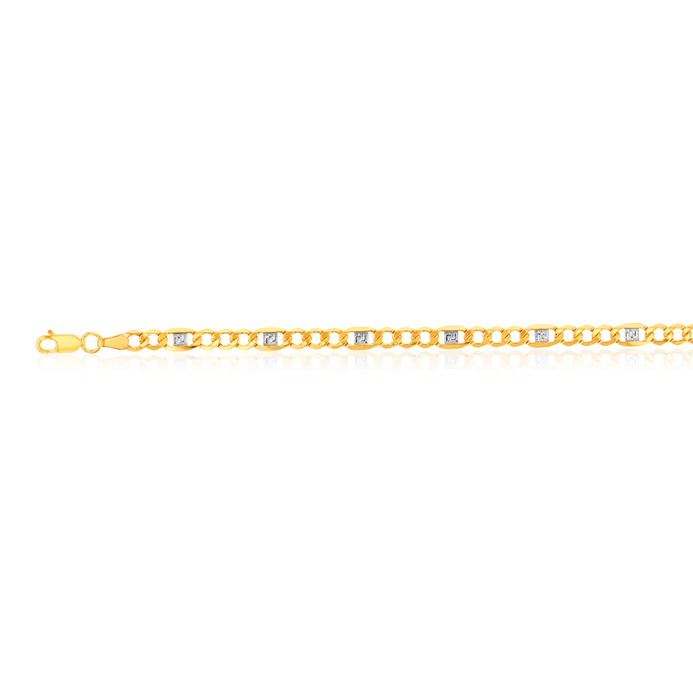 9ct White And Yellow Gold Silverfilled Figaro Curb With Greek Link 21cm Bracelet - Image 2