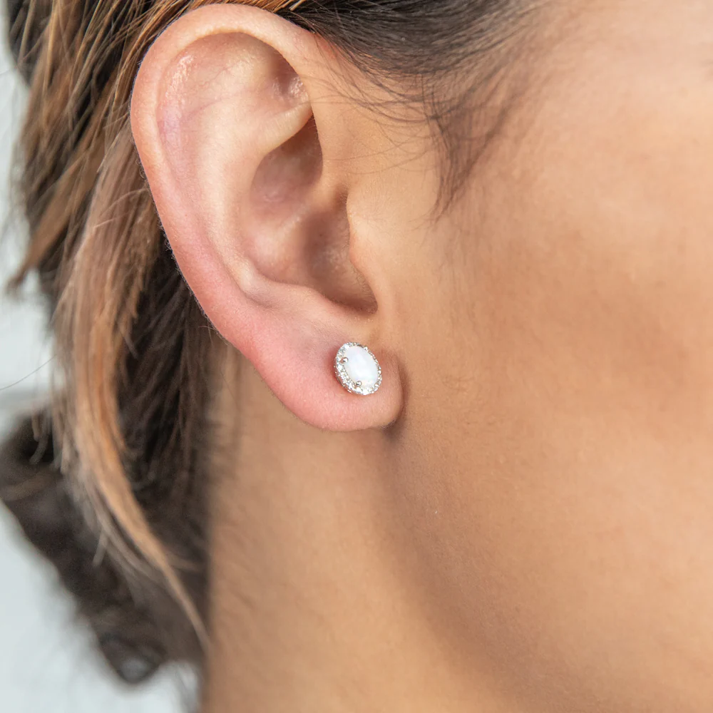 9ct White Gold 0.25ct Natural White Opal and Diamond Stud Earrings - Image 2