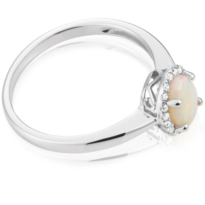 9ct White Gold 0.45ct Natural White Opal and Diamond Halo Ring - Image 2