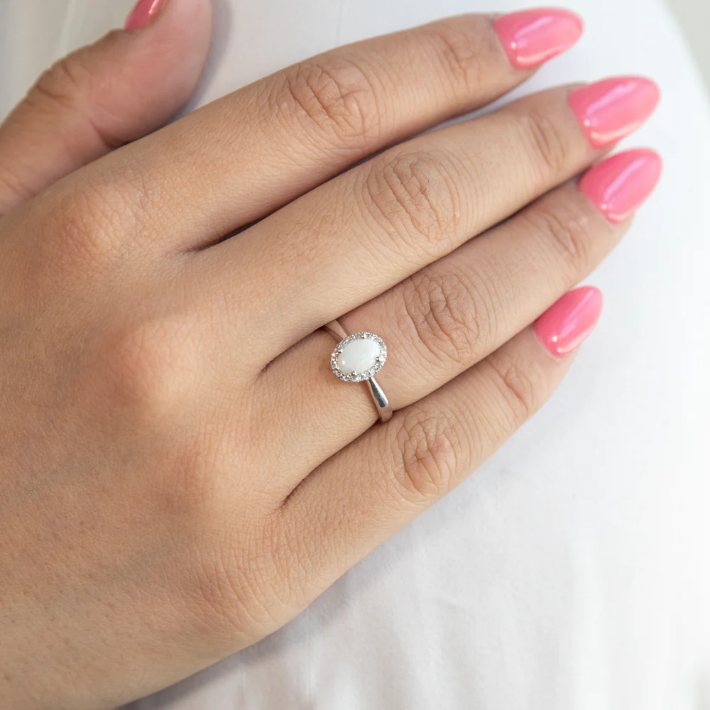 9ct White Gold 0.45ct Natural White Opal and Diamond Halo Ring - Image 3