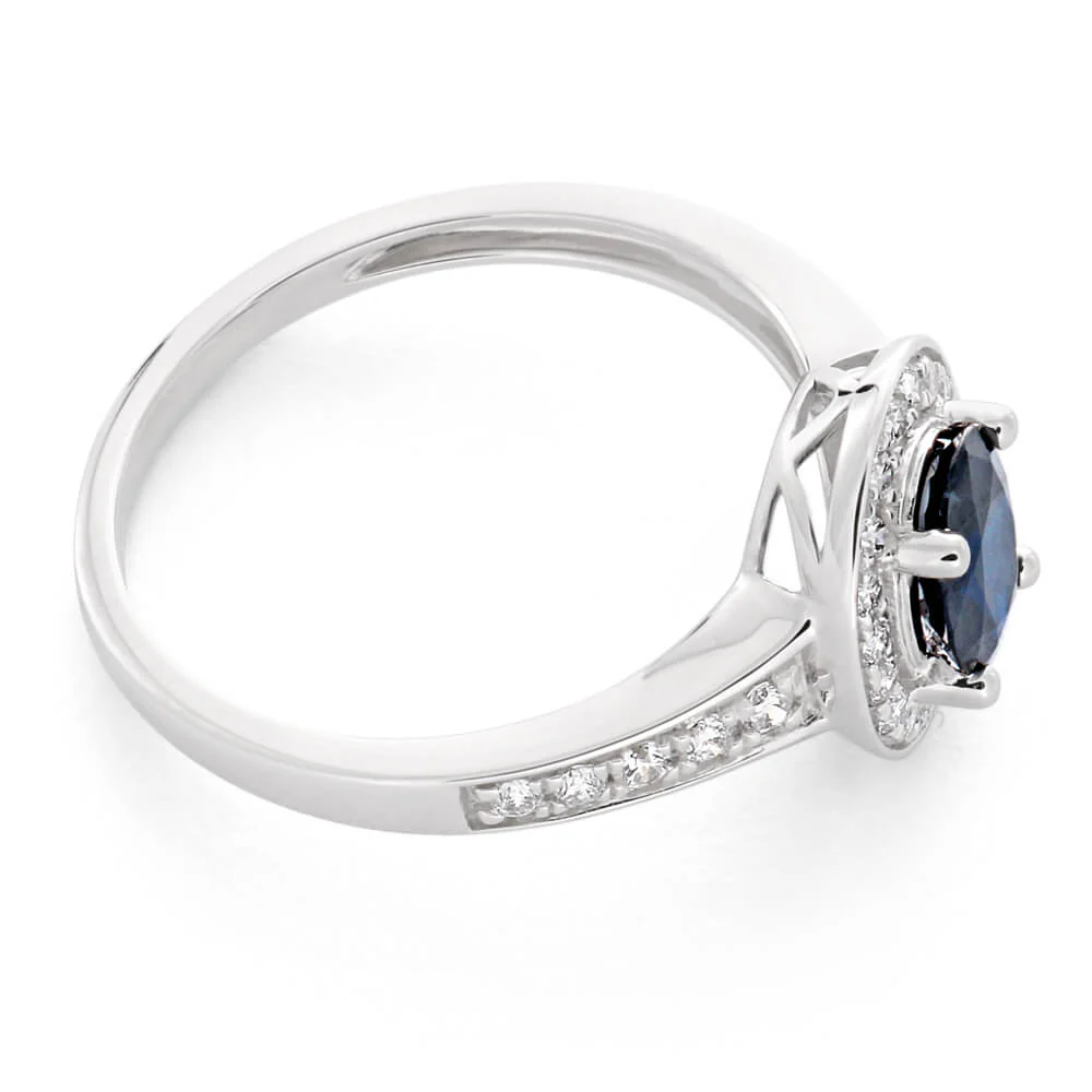 9ct White Gold 1.05ct Natural Dark Blue Sapphire 7x5mm + Diamond 0.26ct Ring - Image 2