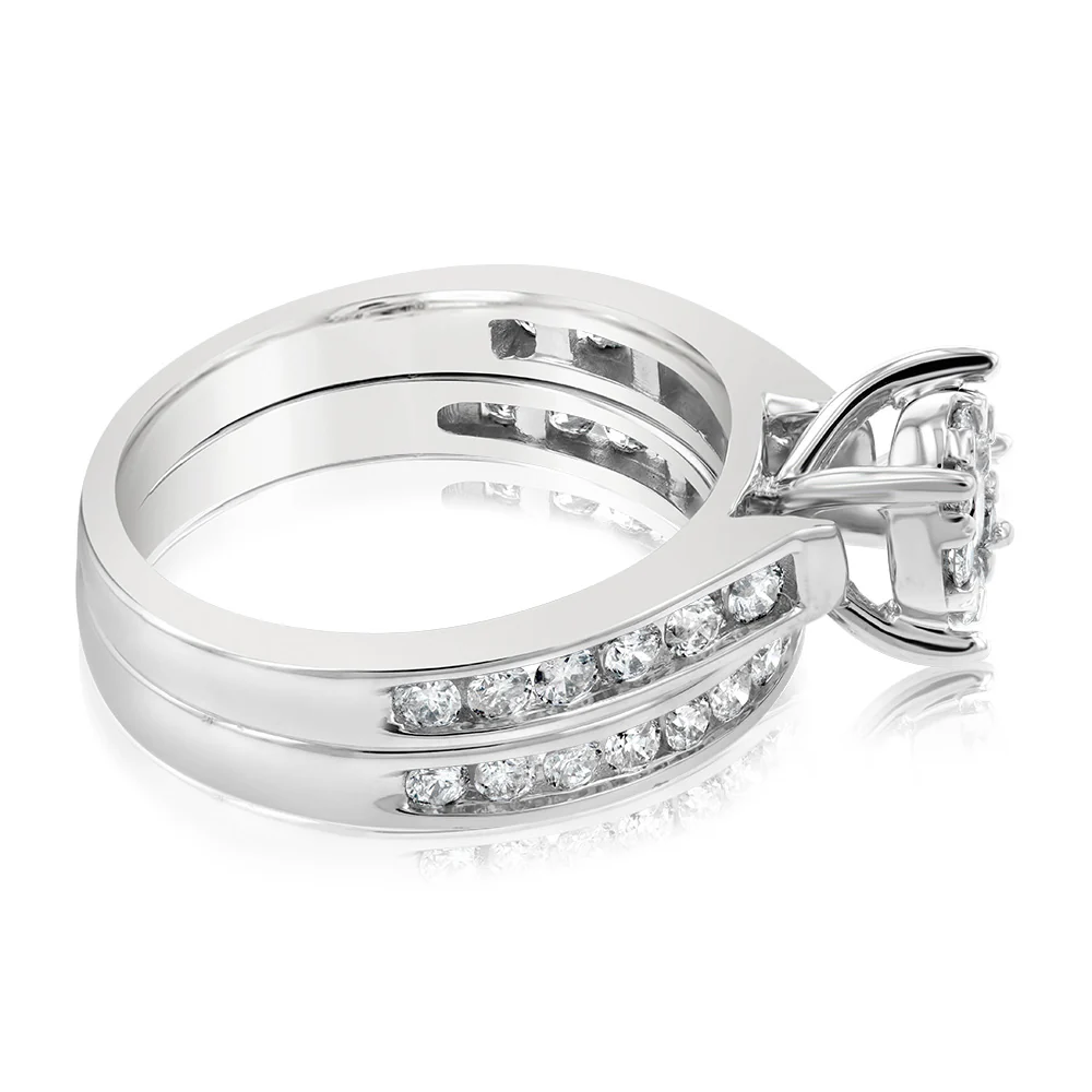 9ct White Gold 1 Carat Diamond Bridal Set Ring with Halo Setting - Image 2