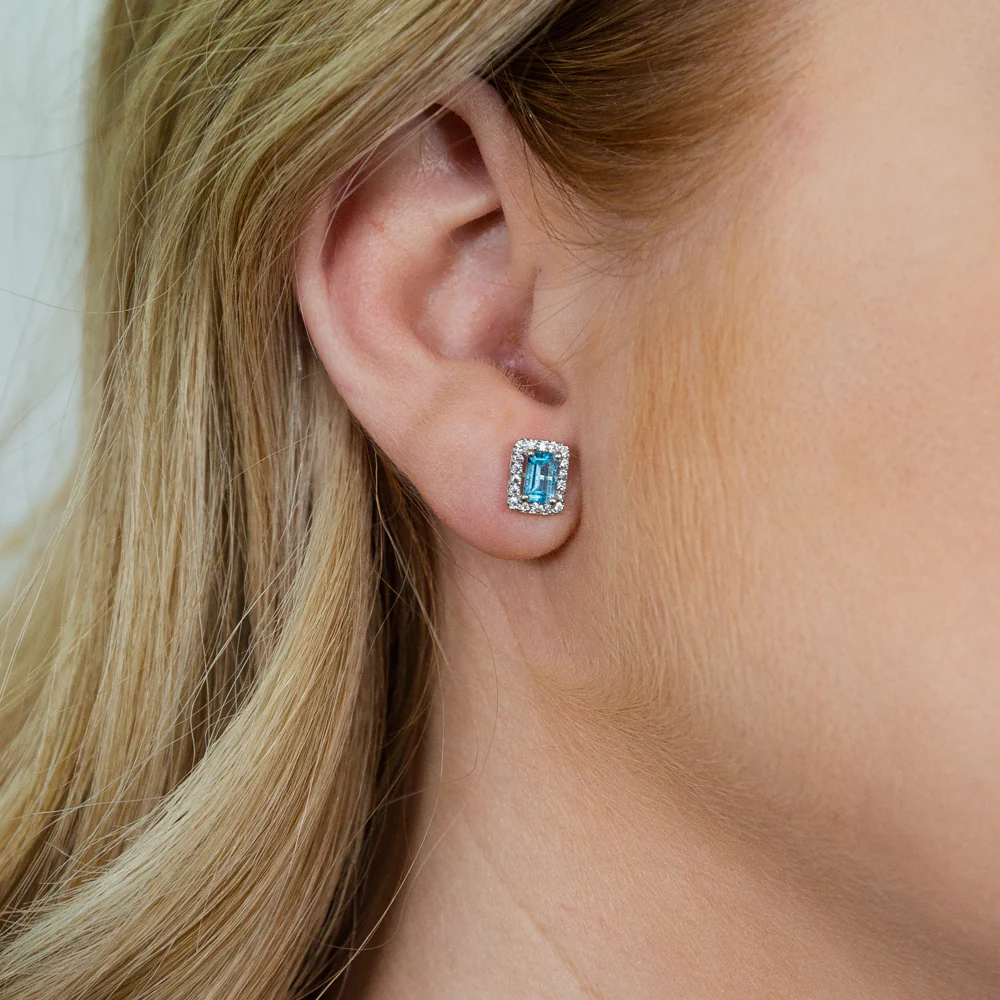 9ct White Gold Blue Topaz and Zirconia Emerald Cut Studs - Image 2