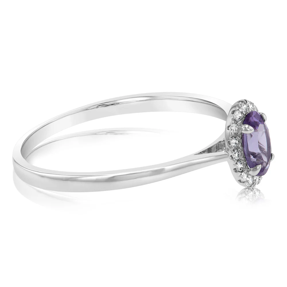 9ct White Gold Created Oval Alexandrite & Diamond Halo Ring - Image 2