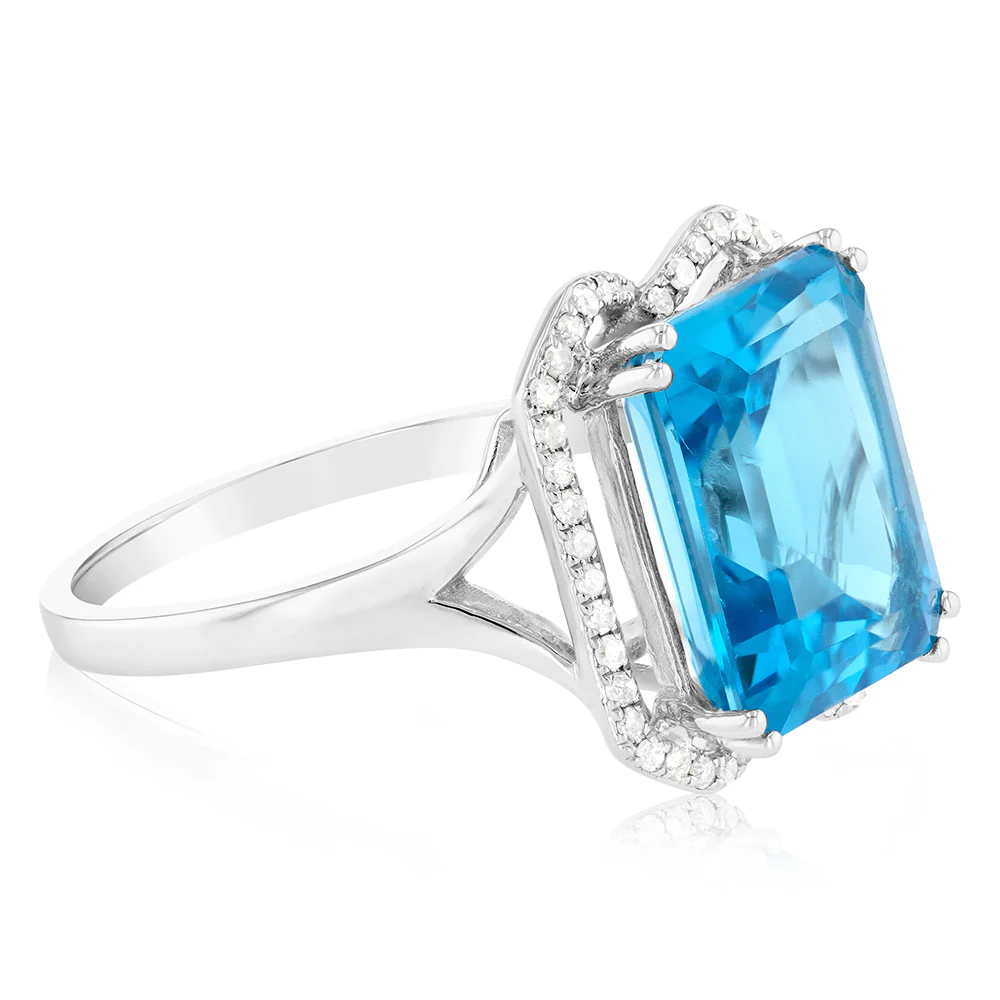 9ct White Gold Natural Blue Topaz And Diamond Ring - Image 2